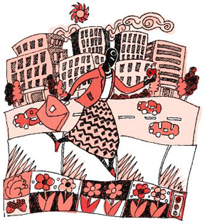 Illustration of a businesswoman walking in the city
