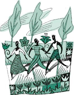 Illustration of three women walking outdoors