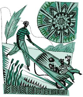 Illustration of woman pushing her son in a whellbarrow